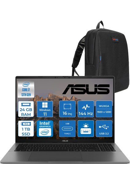 Vivobook WS3607VA S16 Intel Core I7 13620H-24GB Ddr5-1tb Ssd-16" Wuxga IPS 300NITS 144Hz Windows 11 Home Taşınabilir Bilgisayar ZRP077H13+ZETTAÇANTA