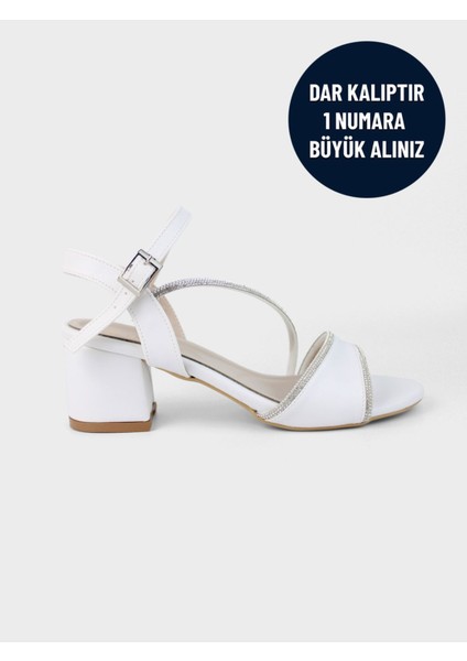 Beyaz Kadın Taşlı Bilekten Bağlamalı Kalın Topuklu Abiye Ayakkabı