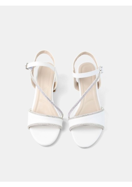 Beyaz Kadın Taşlı Bilekten Bağlamalı Kalın Topuklu Abiye Ayakkabı fiyatları