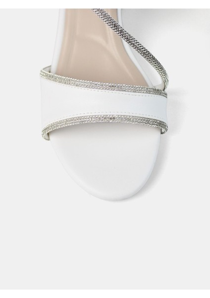 Beyaz Kadın Taşlı Bilekten Bağlamalı Kalın Topuklu Abiye Ayakkabı fırsatları