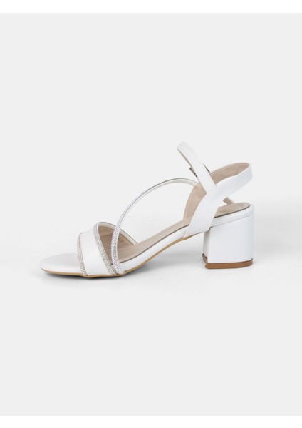 Beyaz Kadın Taşlı Bilekten Bağlamalı Kalın Topuklu Abiye Ayakkabı indirimleri