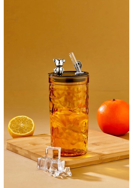 Ayıcık Figürlü Cam Pipetli Meşrubat Bardağı Turuncu 420 ml