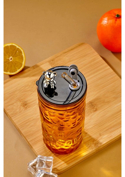 Ayıcık Figürlü Cam Pipetli Meşrubat Bardağı Turuncu 420 ml