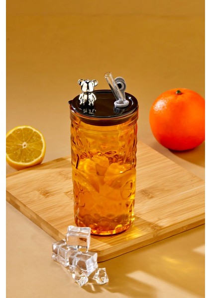 Ayıcık Figürlü Cam Pipetli Meşrubat Bardağı Turuncu 420 ml