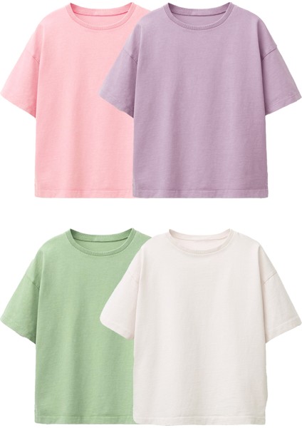 Kız Çocuk T-Shirt 4'lü Set %100 Pamuk Kısa Kol Günlük Tarz 4 Renk Seçeneği