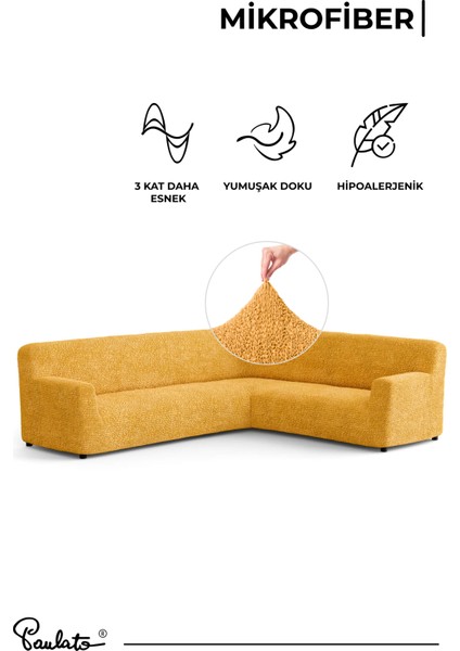 Lastikli Esnek ve Yıkanabilir L Köşe Koltuk Örtüsü Çekyat Kanepe Kılıfı -Ocre