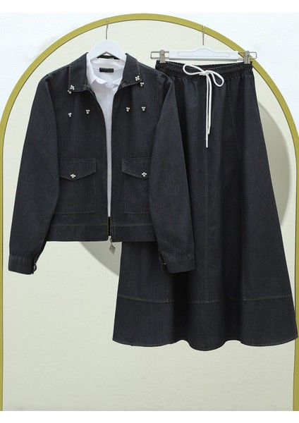 Serpme Incili Fermuarlı Ceket Etek Kot Takım