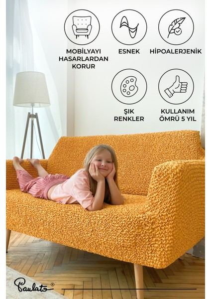 Lastikli Esnek ve Yıkanabilir 2 Kişilik Koltuk Örtüsü Çekyat Kanepe Kılıfı -Ocre