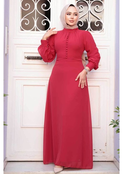 Düğme Detaylı Kırmızı Tesettür Elbise 2703K fiyatları