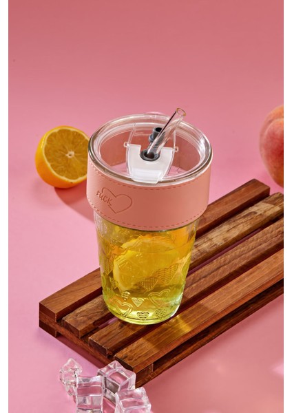 Cam Pipetli, Sızdırmaz Kapaklı -Pembe Şeritli Cam Bardak