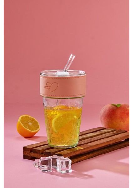 Cam Pipetli, Sızdırmaz Kapaklı -Pembe Şeritli Cam Bardak