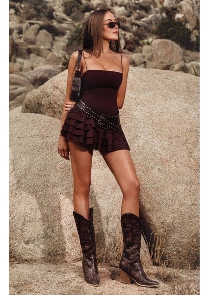 Kadın Omuz Askılı Sırt Dekolteli Sandy Kumaş Volan Detay Mini Elbise