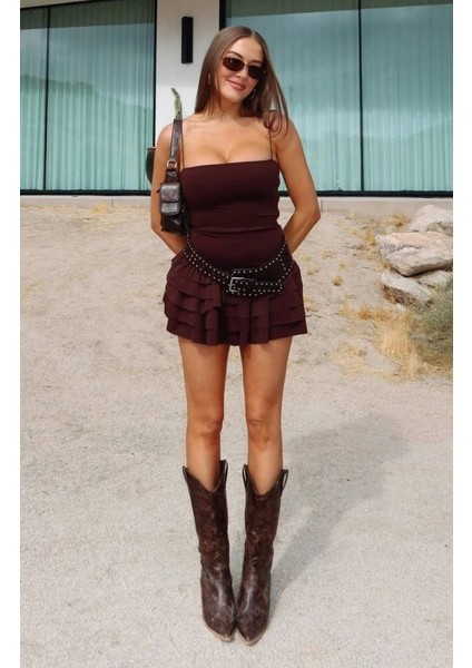 Kadın Omuz Askılı Sırt Dekolteli Sandy Kumaş Volan Detay Mini Elbise fiyatları