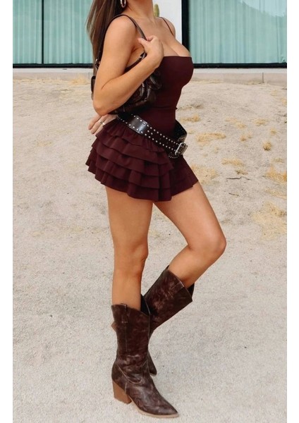 Kadın Omuz Askılı Sırt Dekolteli Sandy Kumaş Volan Detay Mini Elbise modelleri