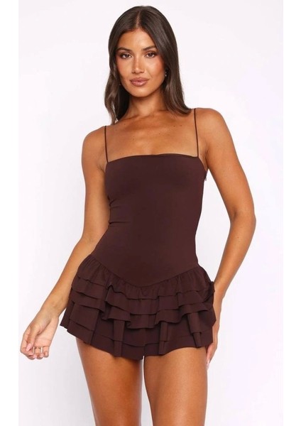 Kadın Omuz Askılı Sırt Dekolteli Sandy Kumaş Volan Detay Mini Elbise fırsatları