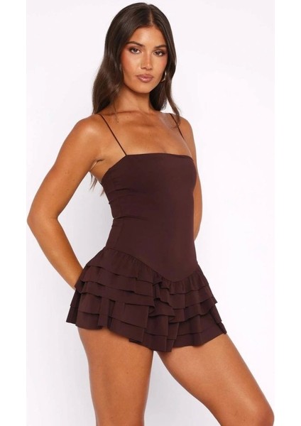 Kadın Omuz Askılı Sırt Dekolteli Sandy Kumaş Volan Detay Mini Elbise indirimleri