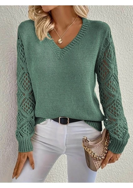 Kadın Uzun Kollu V Yaka Kol Delikli Baklava Desen Detaylı Triko Kazak modelleri