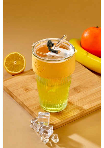 Cam Pipetli, Sızdırmaz Kapaklı -Sarı Şeritli Cam Bardak