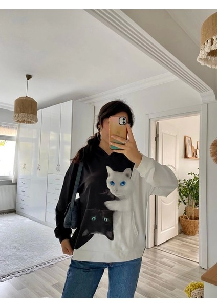 Kadın Uzun Kollu Kapşonlu Bağcıklı Kedi Desenli Şardonlu Dalgıç Bluz fiyatları