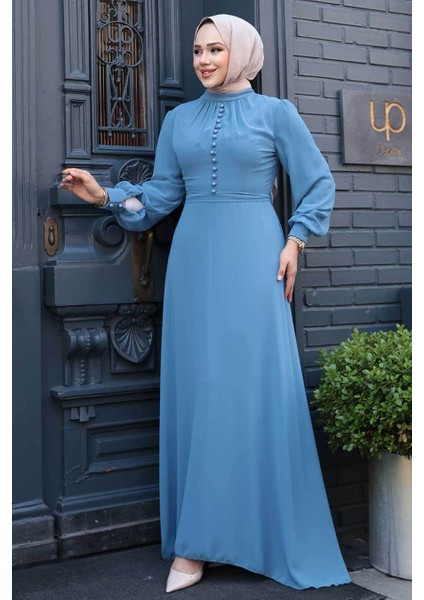 - Düğme Detaylı Indigo Mavisi Tesettür Elbise 2703IM