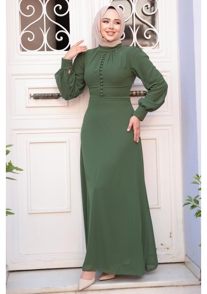 Düğme Detaylı Haki Tesettür Elbise 2703HK modelleri
