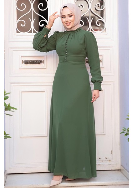 Düğme Detaylı Haki Tesettür Elbise 2703HK