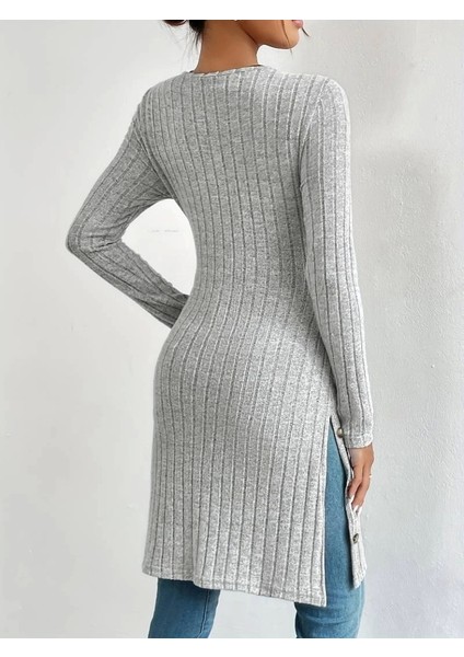 Kadın Uzun Kollu Yuvarlak Yaka Yandan Yırtmaçlı Düğmeli Şardonlu Kaşkorse Bluz fırsatları