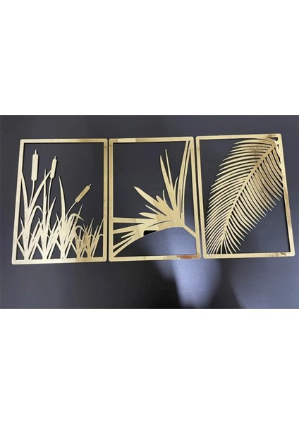 Gold Pleksi 3lü Modern Çiçekler Duvar Dekoru - Salon Oturma Yatak Odası Için Tablo Seti
