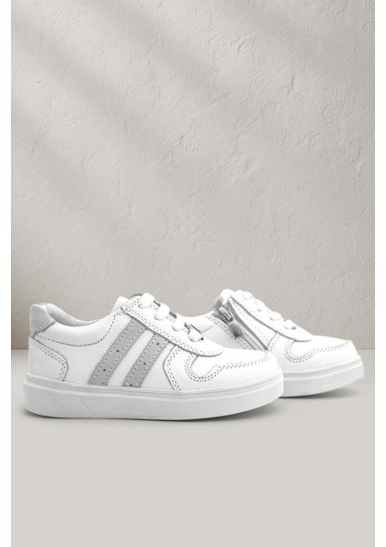 Hakiki Deri Beyaz Bağcıklı Fermuarlı Çocuk Sneaker Ayakkabı