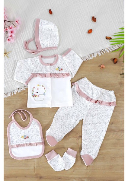 Kız Bebek Natural Pamuk Kumaş 5 Li Işlemeli Lüks Hastane Çıkışı Seti STL7003