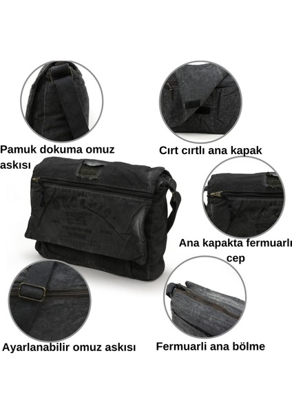 8128 Salaş Kanvas Omuz Postacı Siyah Antrasit 15.6" Laptop Okul Seyahat Günlük Vintage Pamuk Çanta fırsatları