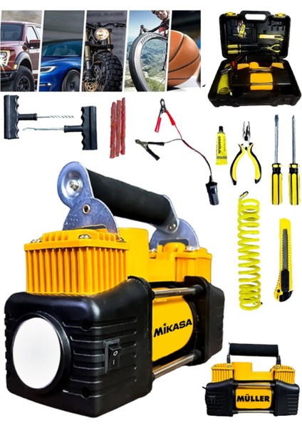 XK-150M Metal Gövdeli 12V Çift Silindirli Hava Kompresör ve Lastik Tamir Kiti + Üçgen Reflektör HEDİYELİ