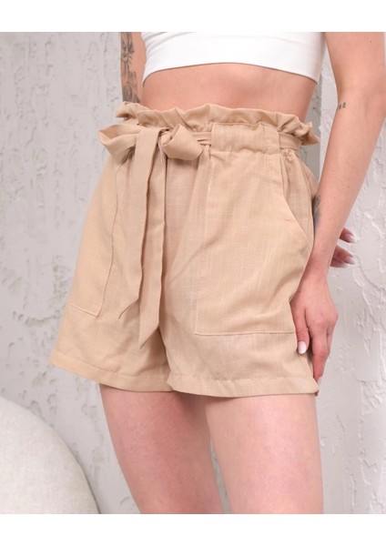 Kuşaklı Keten Şort Bej S255265