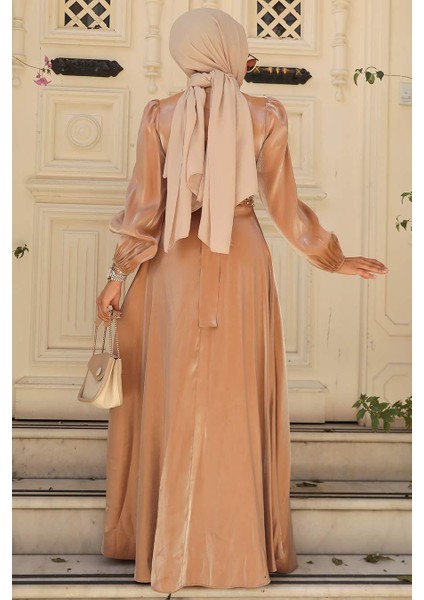 Boncuk Detaylı Camel Tesettür Abiye Elbise 23301C modelleri
