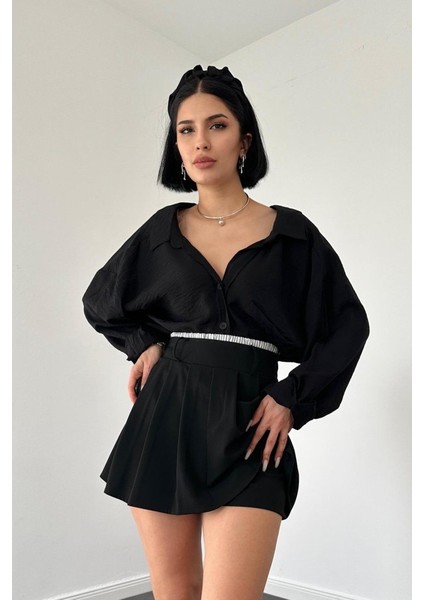 Siyah Beli Lastikli Etek Şort
