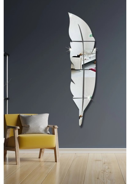 Pleksi 6 Parça Tüy Şekilli Duvar Dekoru - Salon Oturma Yatak Çocuk Odası Için 120X30CM Ayna