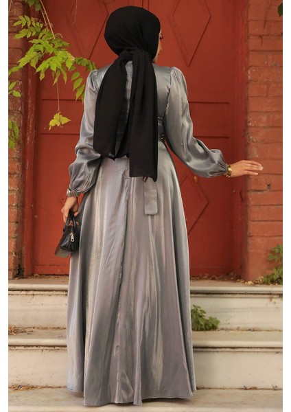 Boncuk Detaylı Gri Tesettür Abiye Elbise 23301gr indirimleri