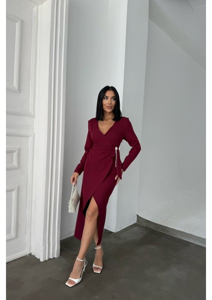 Kruvaze Broş Detaylı Elbise - Bordo