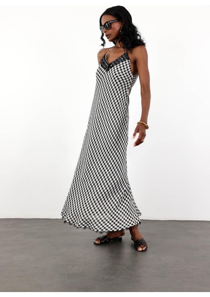 Siyah Ekose Desenli Maxi Boy Elbise 36454