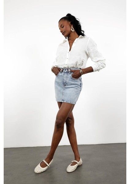 Buz Mavi Taşlı Denim Mini Etek fiyatları