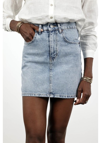 Buz Mavi Taşlı Denim Mini Etek fırsatları