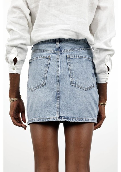 Buz Mavi Taşlı Denim Mini Etek indirimleri