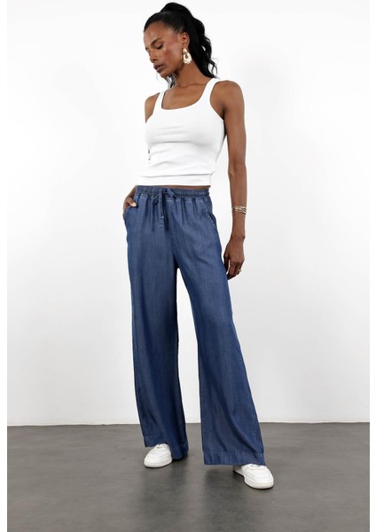 Lacivert Beli Lastikli Tencel Denim Pantolon
