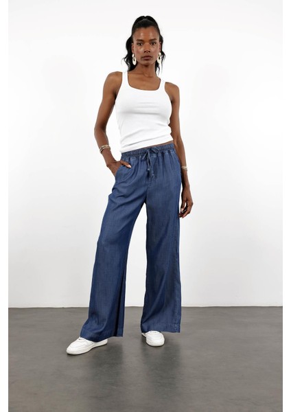Lacivert Beli Lastikli Tencel Denim Pantolon