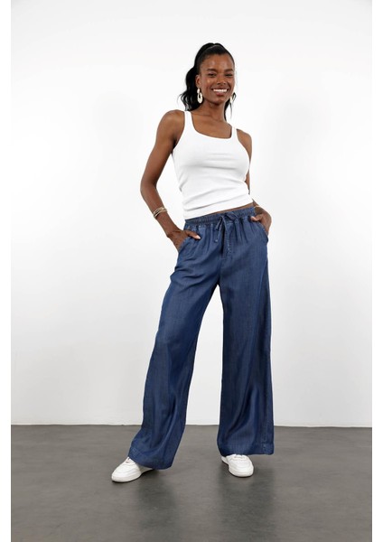 Lacivert Beli Lastikli Tencel Denim Pantolon