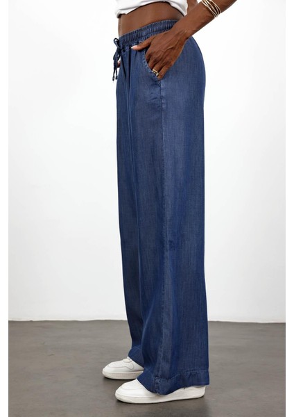 Lacivert Beli Lastikli Tencel Denim Pantolon