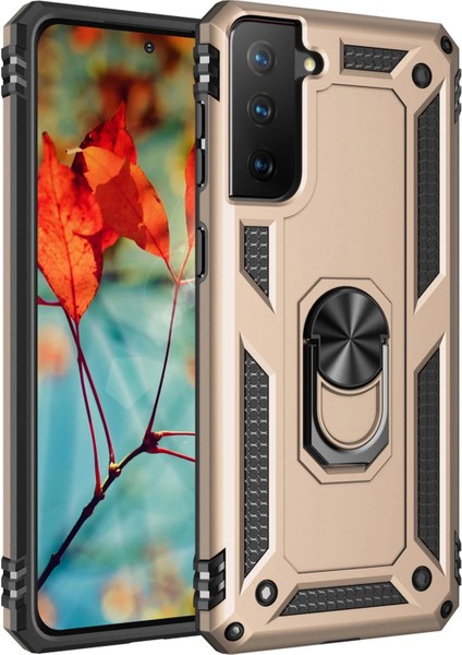 Samsung Galaxy S21 Kılıf Sofya Yüzüklü Silikon Kapak - Gold Yktsn