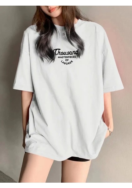 Thousand Baskılı Oversize Bisiklet Yaka T-Shirt - Beyaz