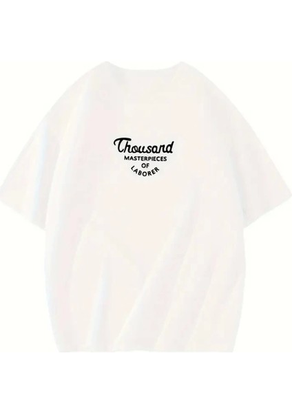 Thousand Baskılı Oversize Bisiklet Yaka T-Shirt - Beyaz