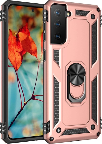 Samsung Galaxy S21 Kılıf Sofya Yüzüklü Silikon Kapak - Rose Yktsn